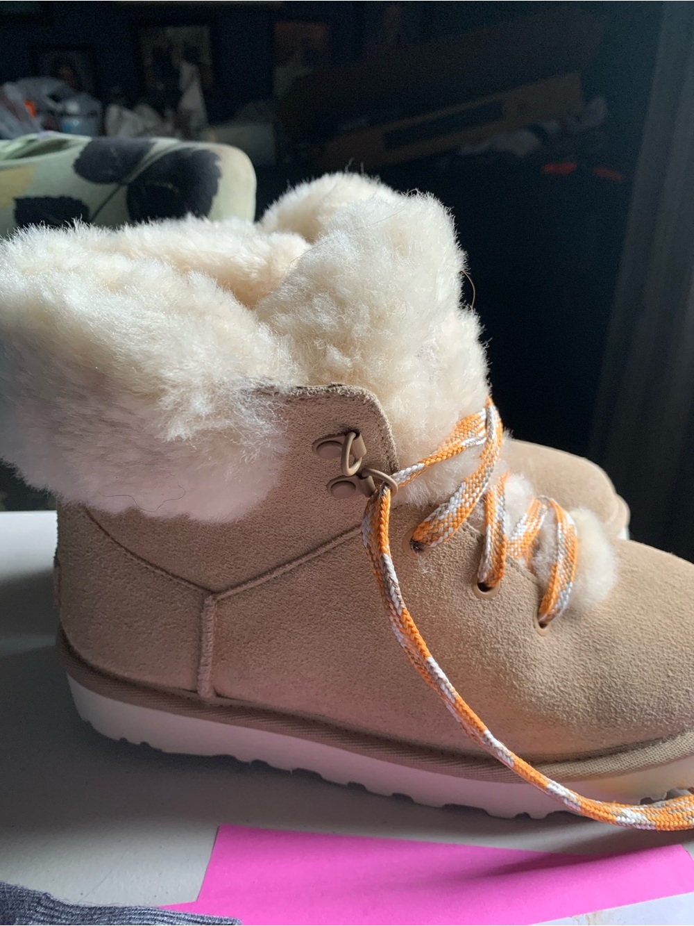 UGG Tan Shearling-Lined Lace Boot with White Sole